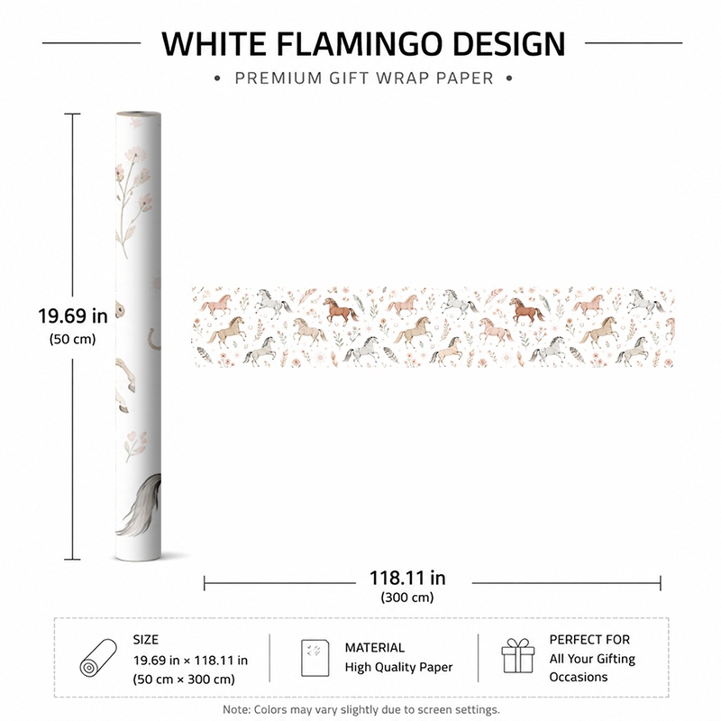 TEMU 1 Rolle 50x300cm (19,7x118,1in) Hochwertiges Geschenkpapier mit verspielten Pferden Blumen auf Hintergrund, einfach zu verpacken, unverzichtbar