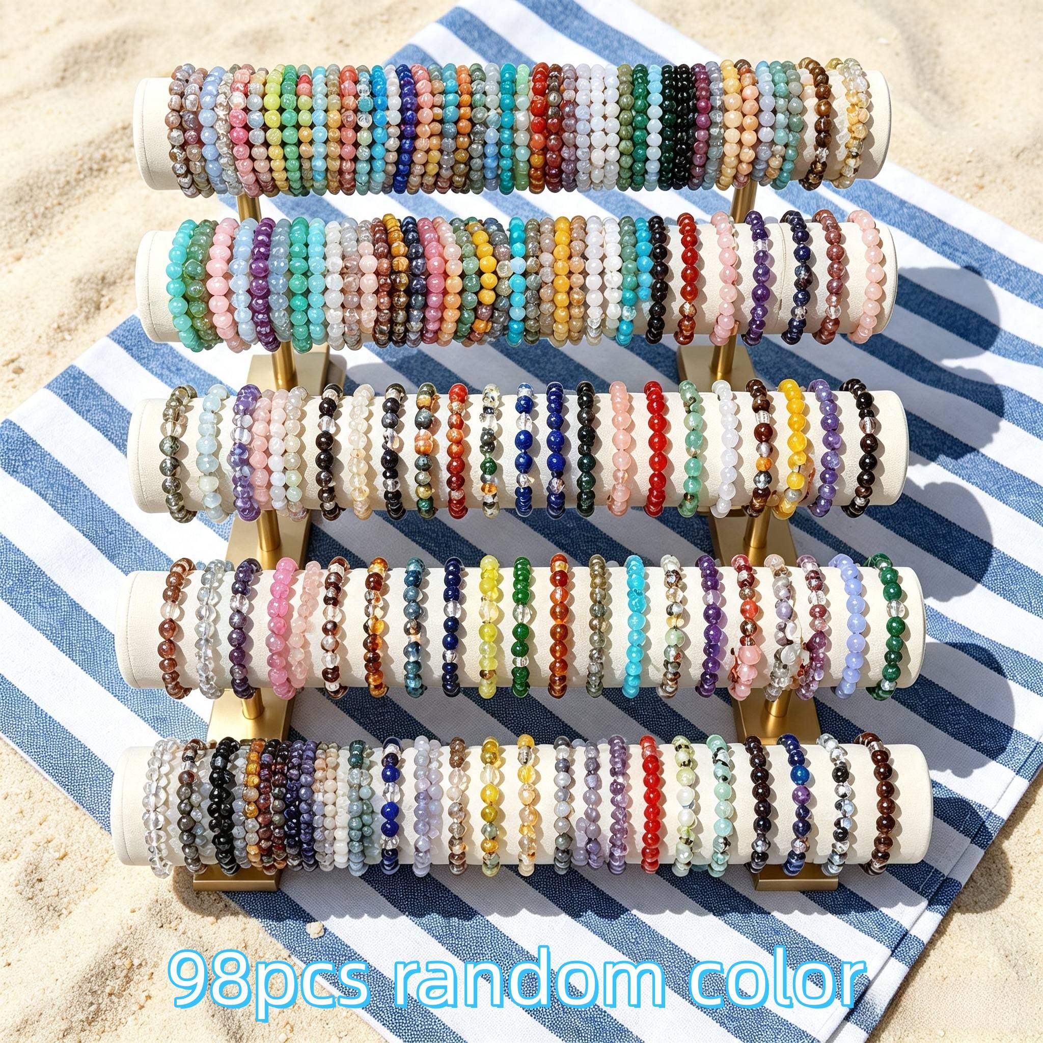 TEMU Random 98pcs 8mm Bohemian Style Multi-style Beaded Bracelets, Mixed Design Colorful Glass Handmade Elastic Bracelets, Suitable For Women In