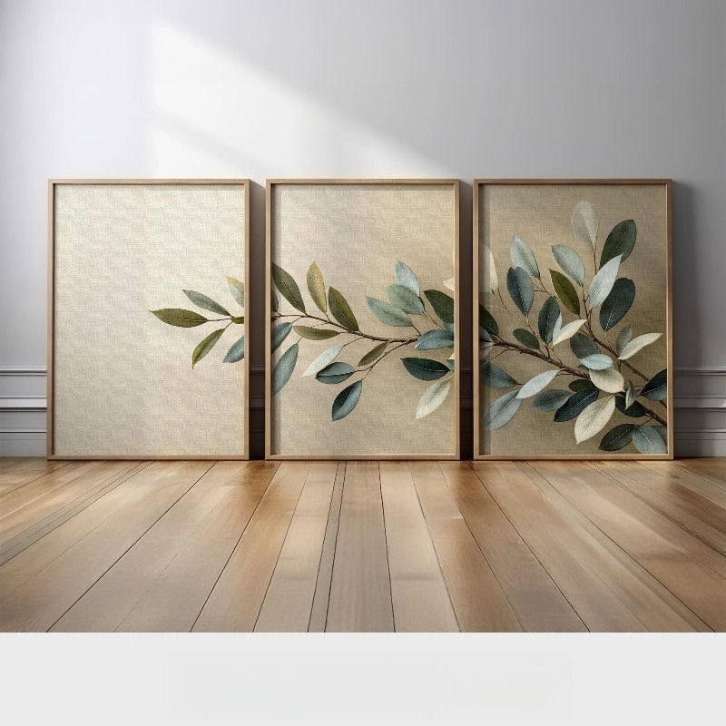 TEMU 2d Flat, 3pcs 2d Flat Beige Minimalist Plant Set Wall Art Modern Olive Green Branch And Leaf Poster Frameless Canvas Printing Multiple Sizes For