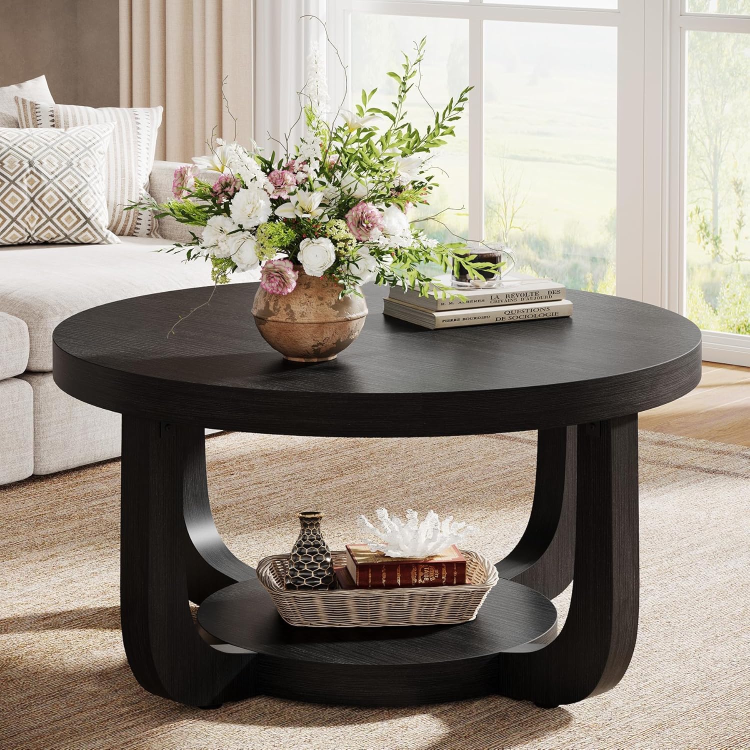 Circular Coffee Table, Dual-level Round Coffee Table With Storage, Contemporary Wooden Feature Table For The Living Room, Sturdy Top And Base