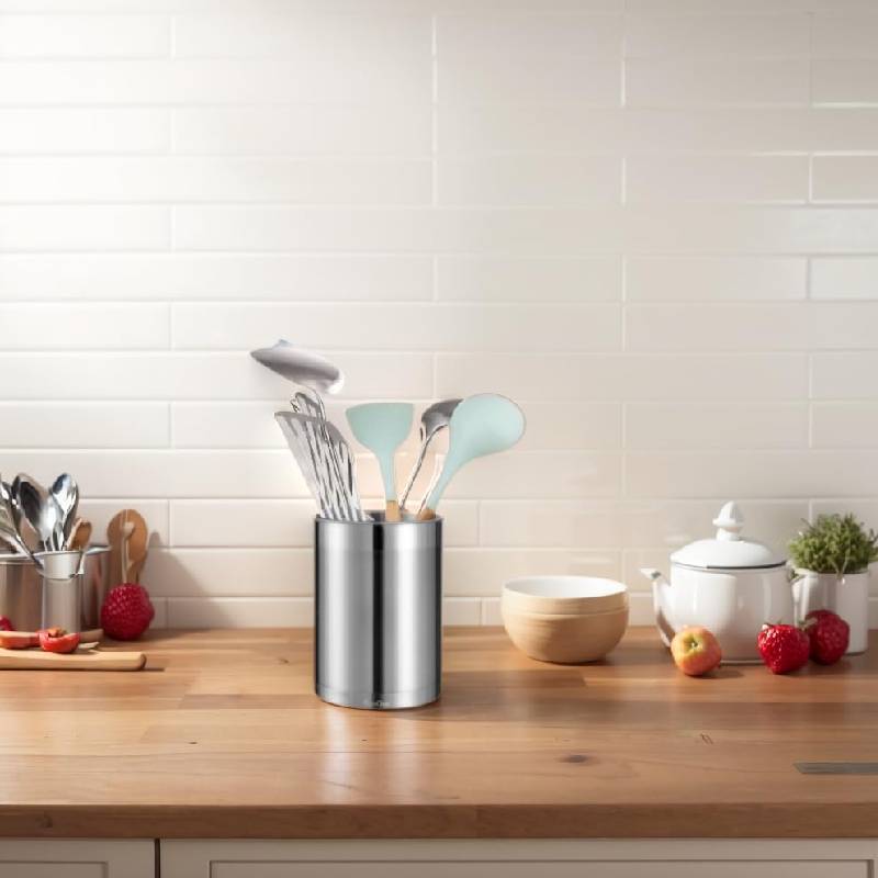 

Stainless Steel Utensil Holder Round Kitchen Caddy, Crock, And Organizer For Cooking Spoons, Silverware, And Spatulas Metal Container For Countertop