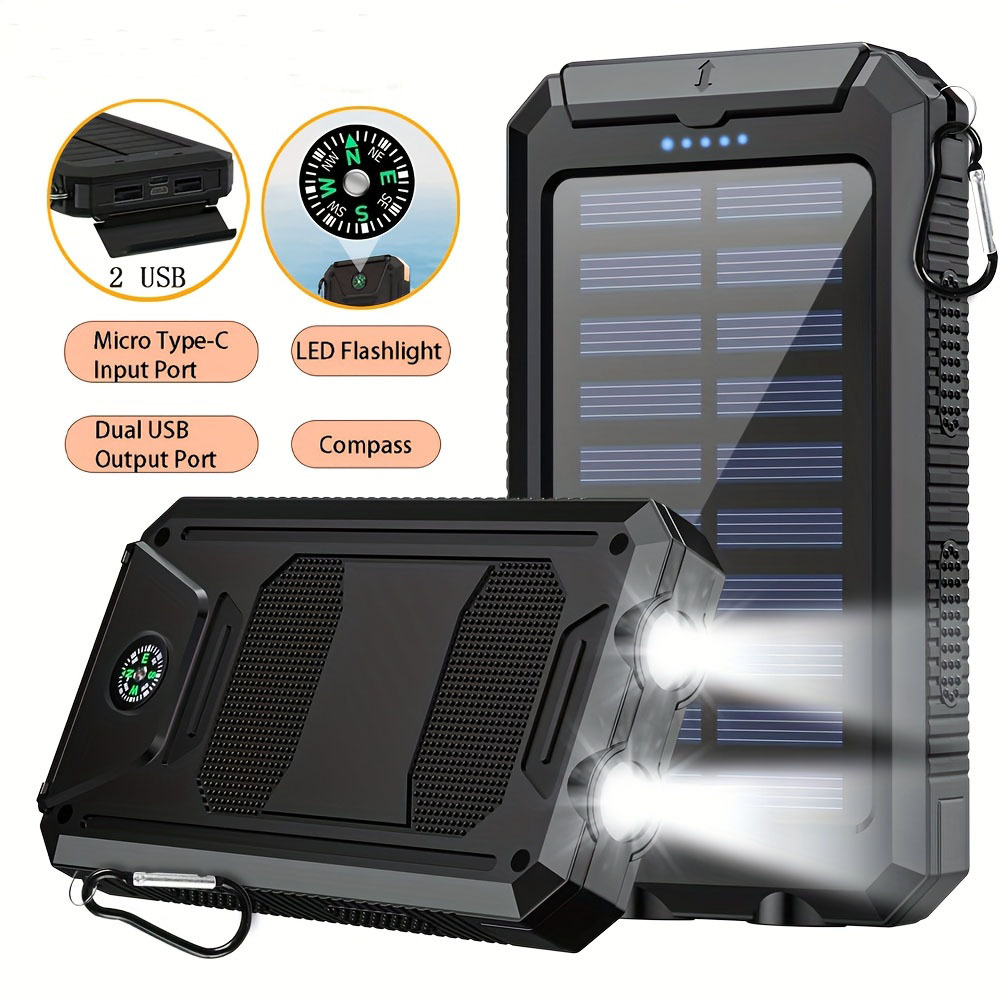 TEMU Batterie Externe Solaire Portable 20000Mah, Chargeur Solaire Portable pour Téléphone Mobile, Chargeur de Batterie Externe de Camping pour