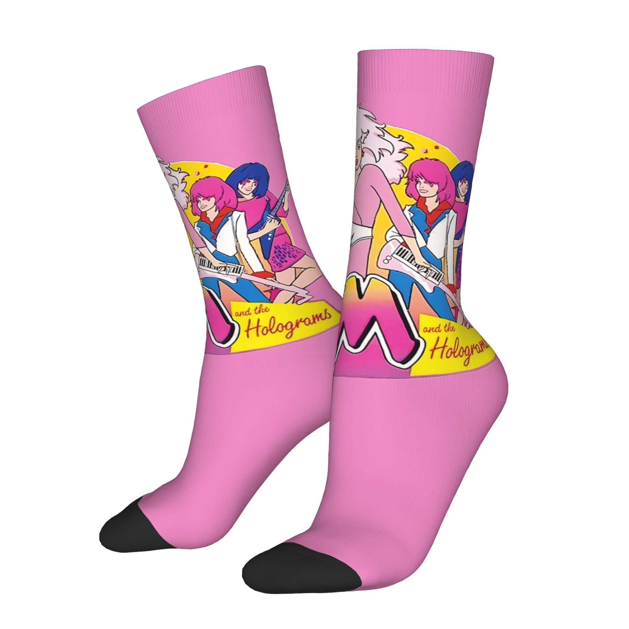 

1 Pair Men's Holographic 3d Cartoon Print Mid-calf Socks - , Warm Polyester With Elastane, Ideal For Cycling, Running & Hiking, Pink With Vibrant Character Design