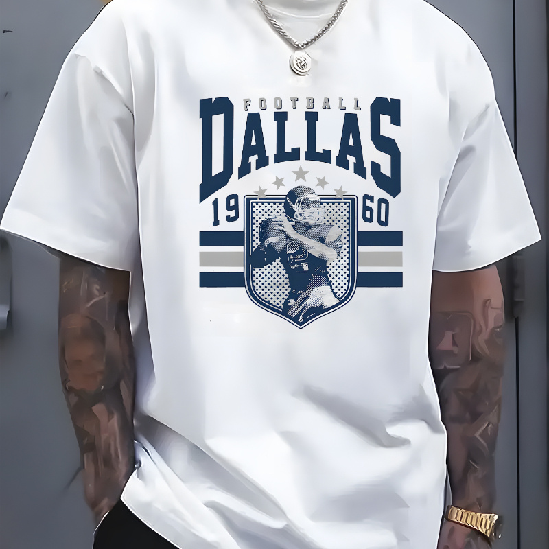 

1pc Dallas Football Print T-shirt, 100% Cotton Crew Neck Casual Sports Tee, Breathable Lightweight Top For Men, Washable Flexible Fabric, Digital Heat Transfer Design, For Hiking & , - Adult