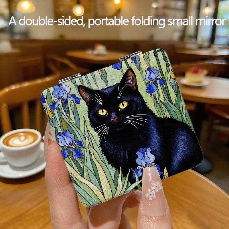 TEMU Style Crackle Finish Black Cat With Vintage Simple Portable Small Round Mirror, European And Makeup Mirror, Portable Mini Handheld Mirror,