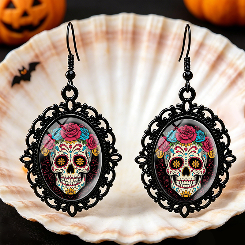 TEMU 1 Pair Rose Sugar Skull Oval Earring Glass Cabochon Black Lace Earrings Festive Jewelry Gift, Without Battery