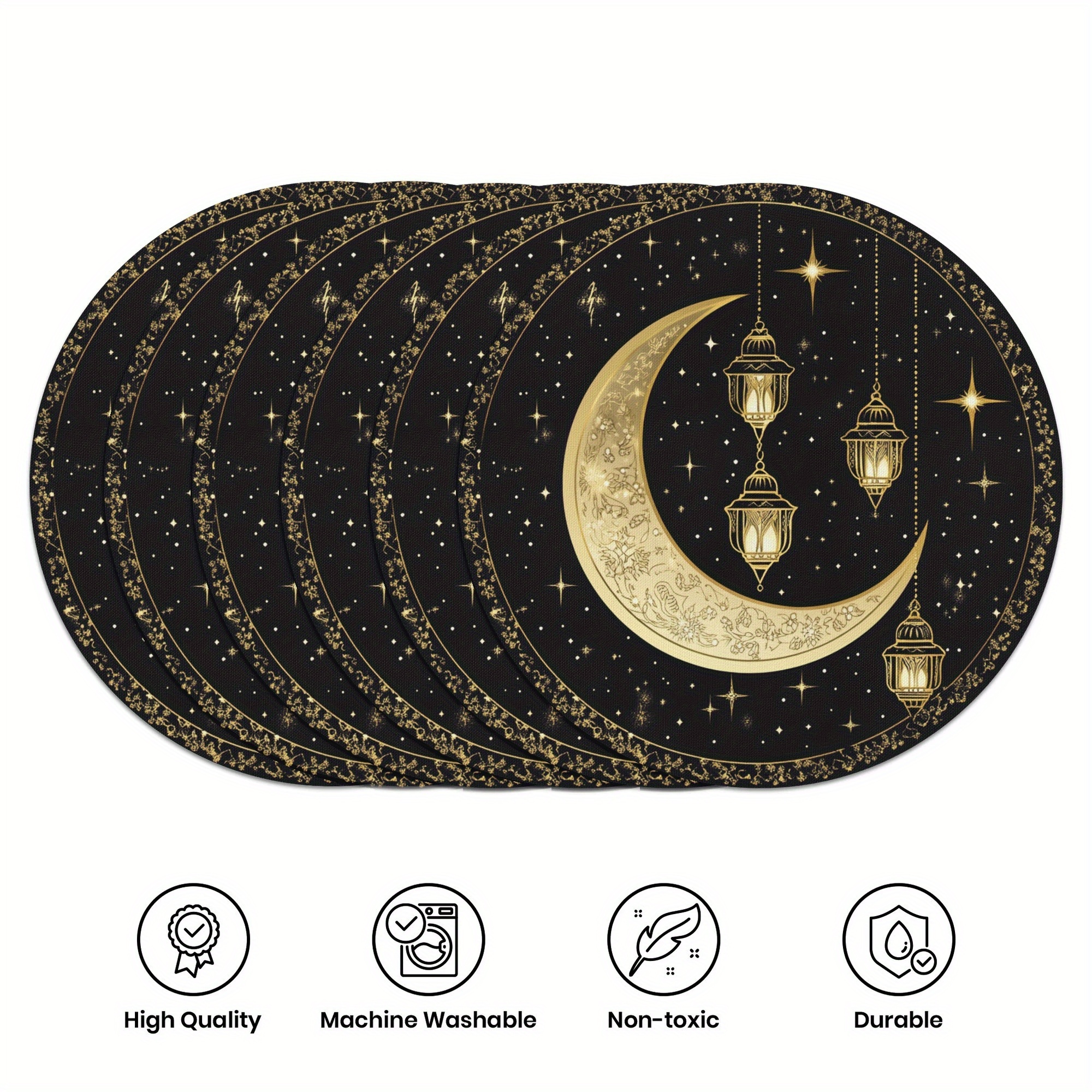 

6pcs Elegant Ramadan Moon & Lighthouse Table Mats | 15" , Polyester, Machine Washable | Non-toxic, High-quality Dining Decor For Parties, Kitchens & Restaurants, Ramadan Decoration