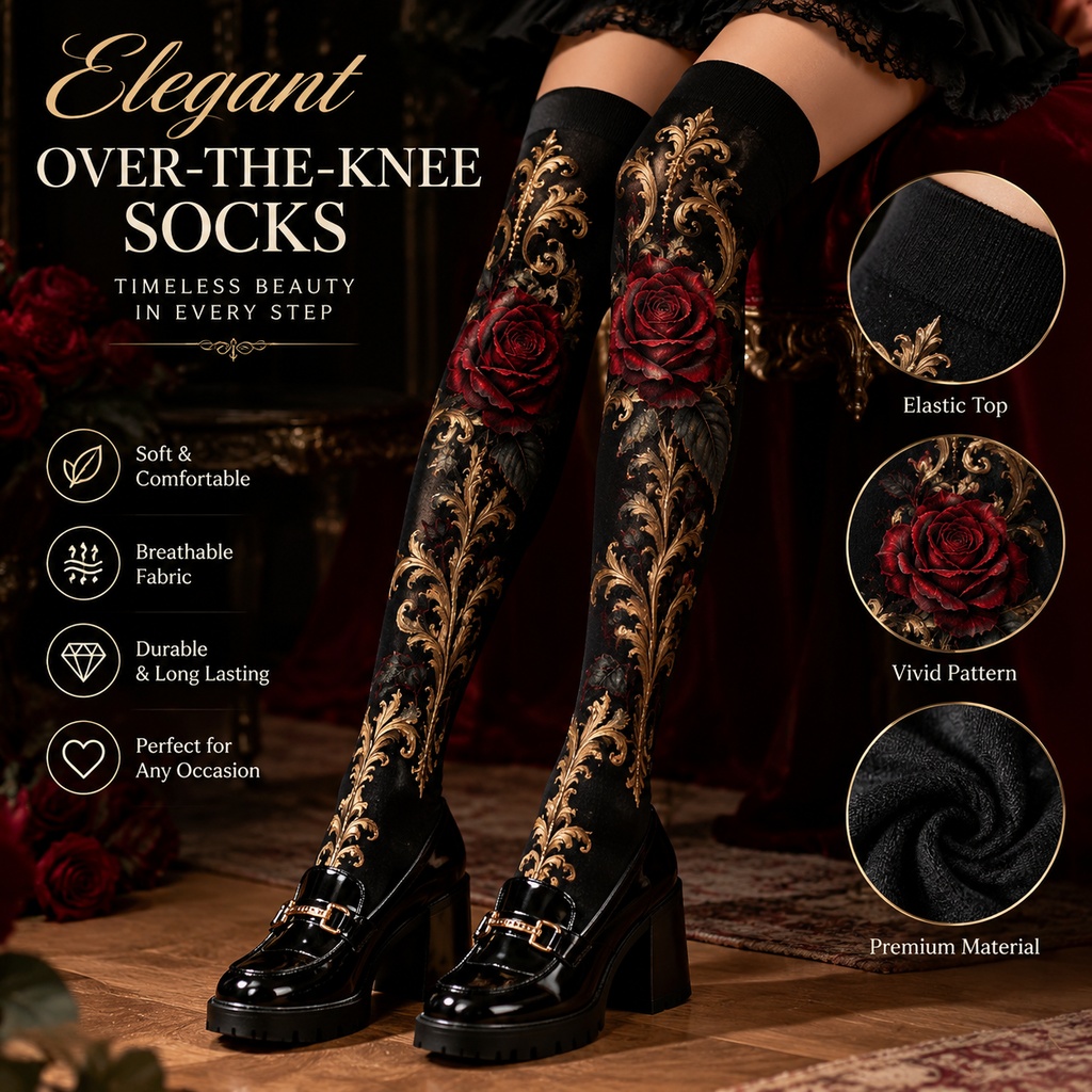 TEMU Baroque Vintage Red Rose And Golden Floral Vine Printed Knee-high Socks Retro Luxury Aesthetic Long Stockings Chic Leg Warmers For Parties And