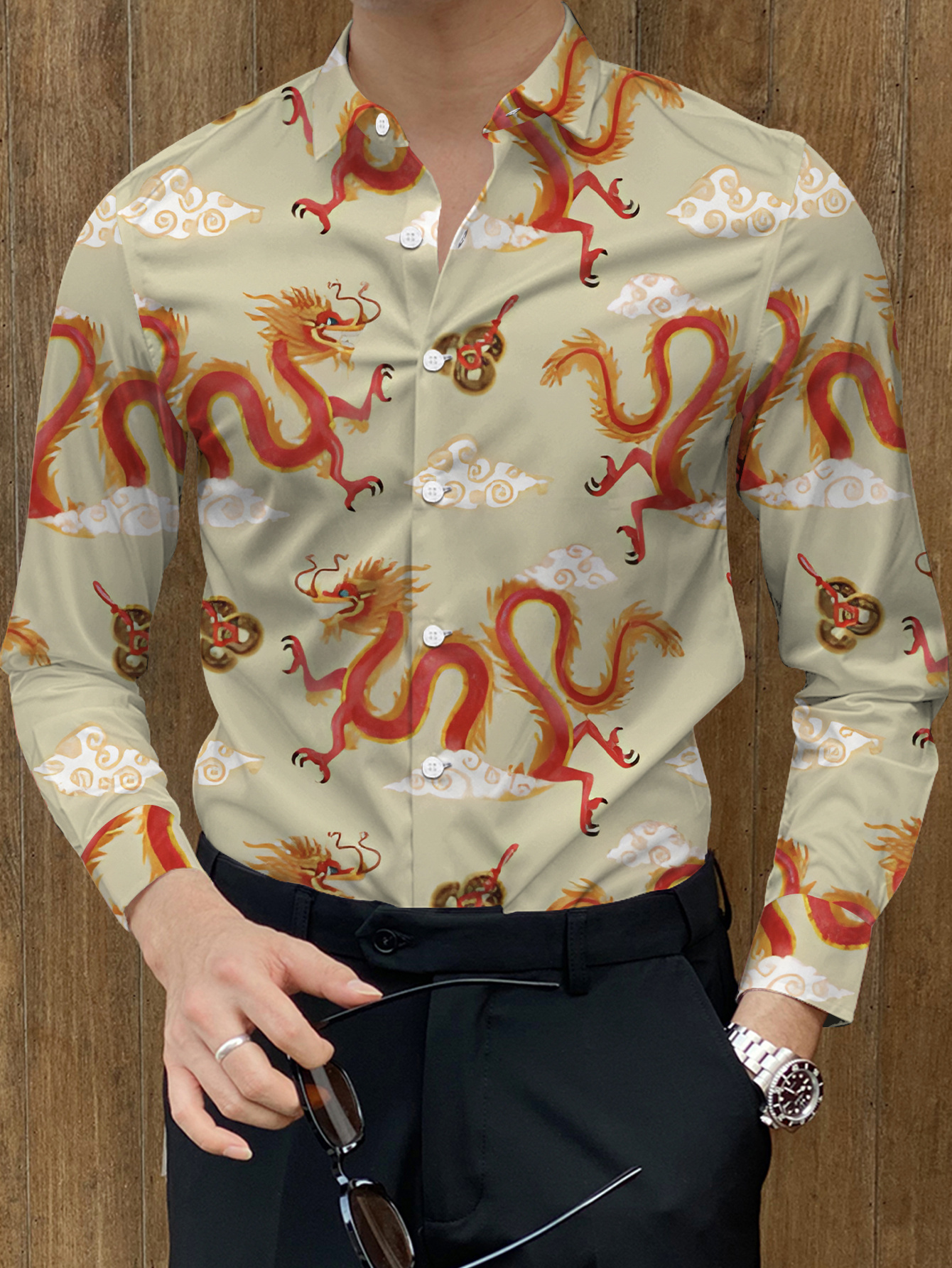 mens dragon shirt long sleeve button red dragon Temu Malaysia