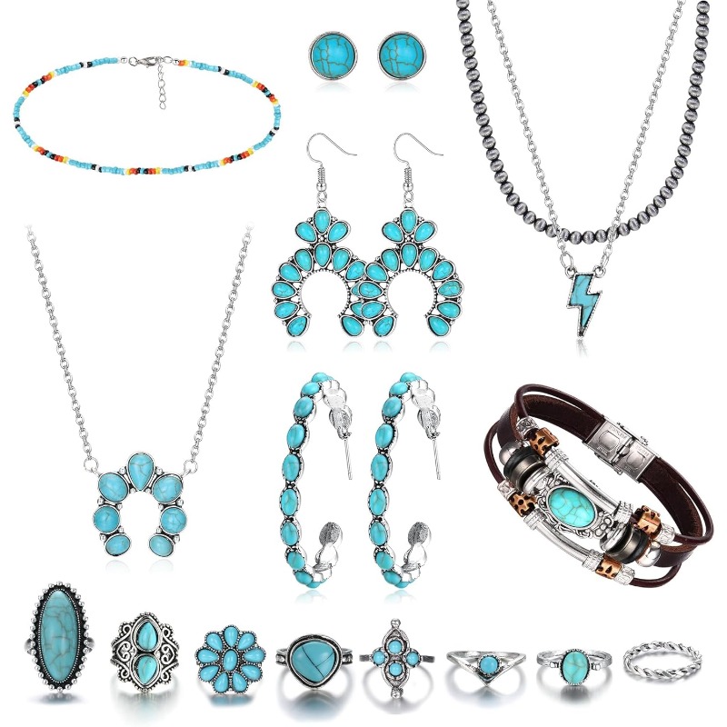 16pcs Set Of Western-style Jewelry For Women, Featuring Necklace, Turquoise Hoop Dangle Earrings, A Cuff Bracelet, Turquoise Knuckle Rings, And A Handmade Bead Choker Necklace, All In A