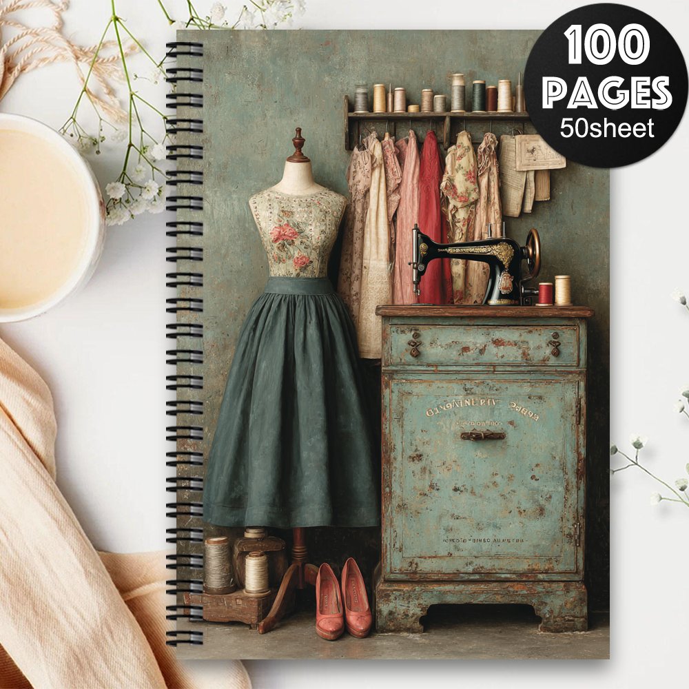 TEMU 1pc Vintage Sewing-themed Spiral Notebook - Retro Tailoring & Planner With Sewing Machine & Fabric Patterns, Blank Pages For Sewing Enthusiasts,