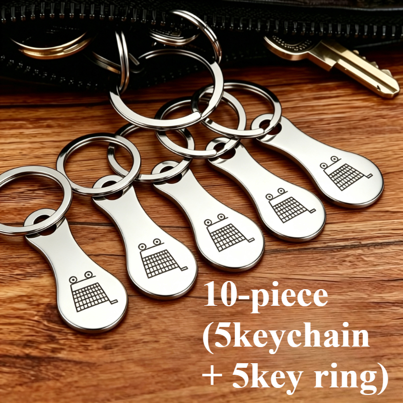 TEMU 10pcs Stainless Steel Shopping Cart Keychains With Shopping Cart Logo Pattern (5pcs Keychain And 5pcs Key Ring), Classic, Stylish And Minimalist