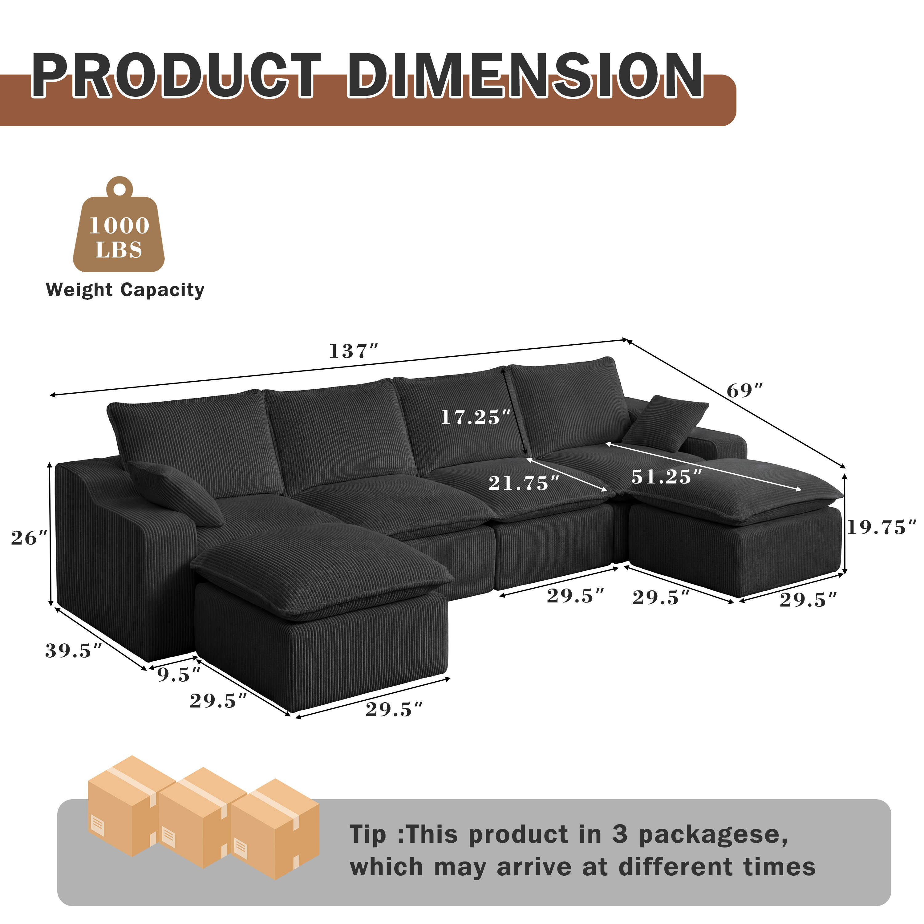Image of 137' Modular Sectional Boneless Couch | Modern Cloud Sofa For Living Room, Deep Seat Convertible Sofa Bed, Oversized Comfortable 4-seater Couch, Corduroy Fabric Compressed Sofa With Memory Foam Frame