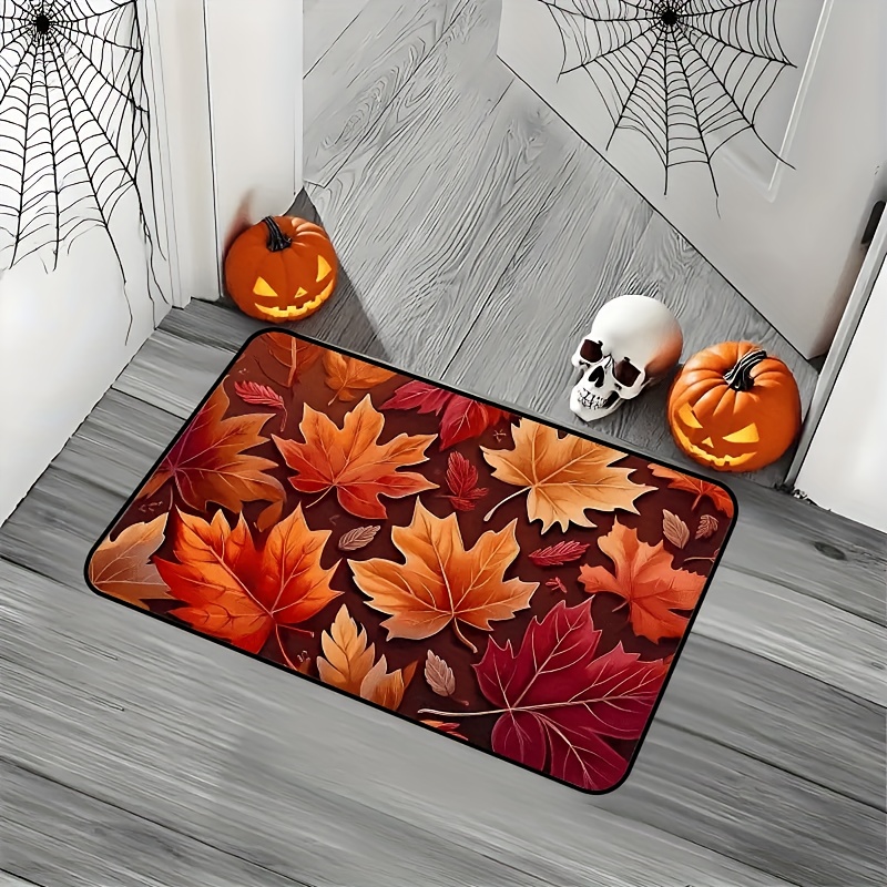 Image of 1pc Oversized Entrance Suitable For Front Door, Porch, Kitchen - Burgundy/orange/golden/black/brown/beige Autumn Leaf Pattern Indoor Welcome Mat, Machine Washable Suitable For & Holiday Decorations