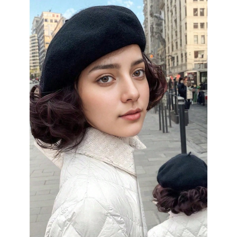 TEMU A Women's Beret That Comes With A Wig, This Stylish 2-in-1 Hat Features Either Short Or Long Curly Hair, Making It Ideal Are Bald. Wear, Dates,