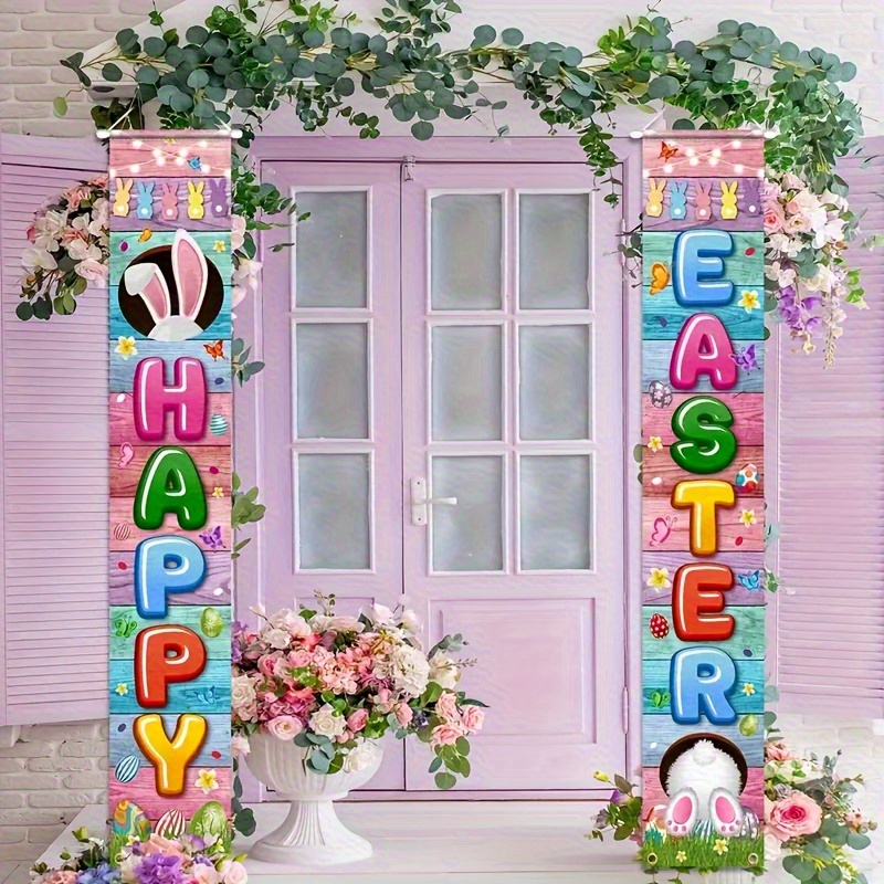 TEMU 2 Pack Easter Bunny Welcome Banners - 71x12 Inch Colorful Polyester Door Signs With Text, Floral Bunny & Egg Designs, Weather-resistant
