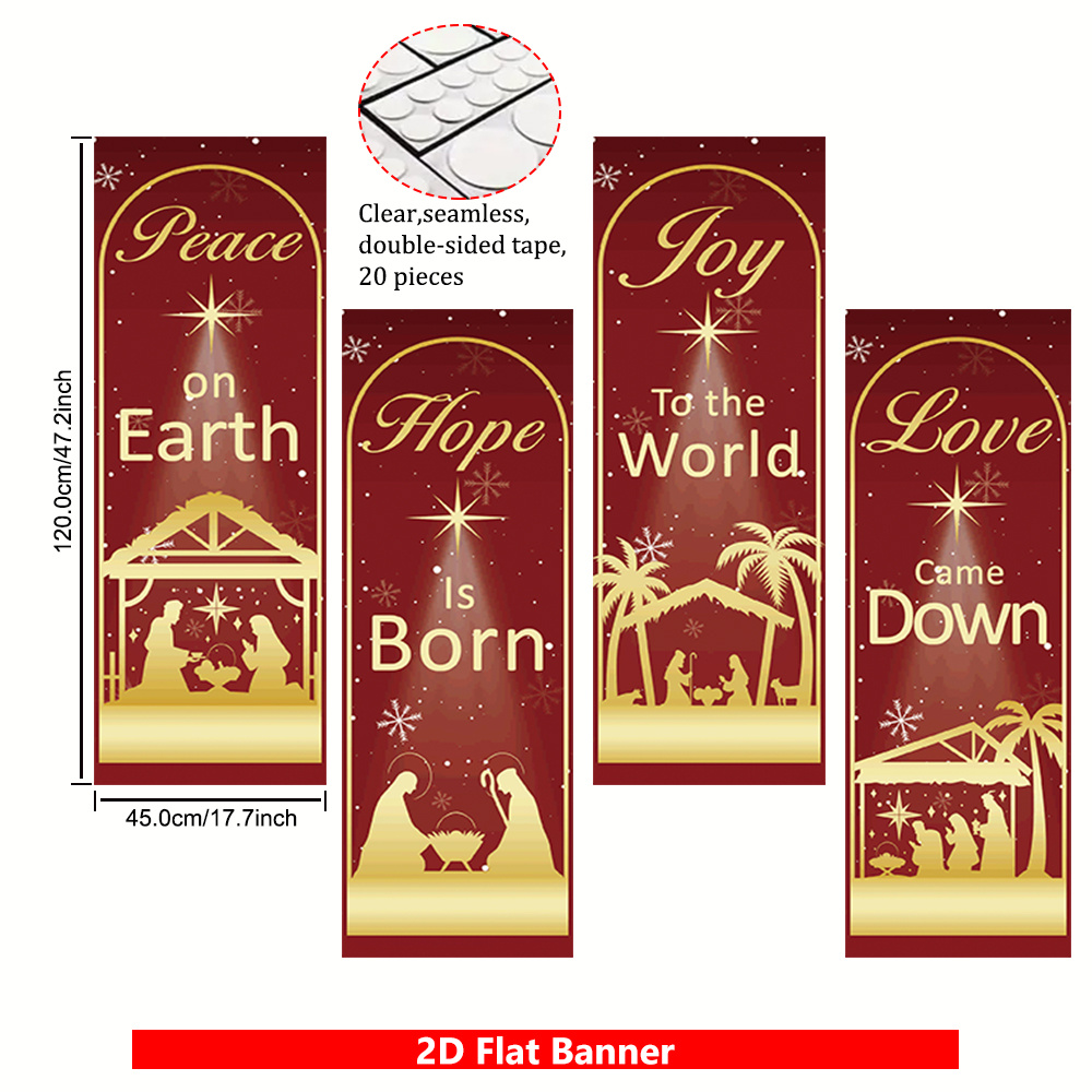 TEMU 2d Flat, 2d Flat - 2d Flat, 2d Flat - 4pcs Polyester Party Banner Set, Christmas-themed 2d Flat Flags. Features A Burgundy Background With