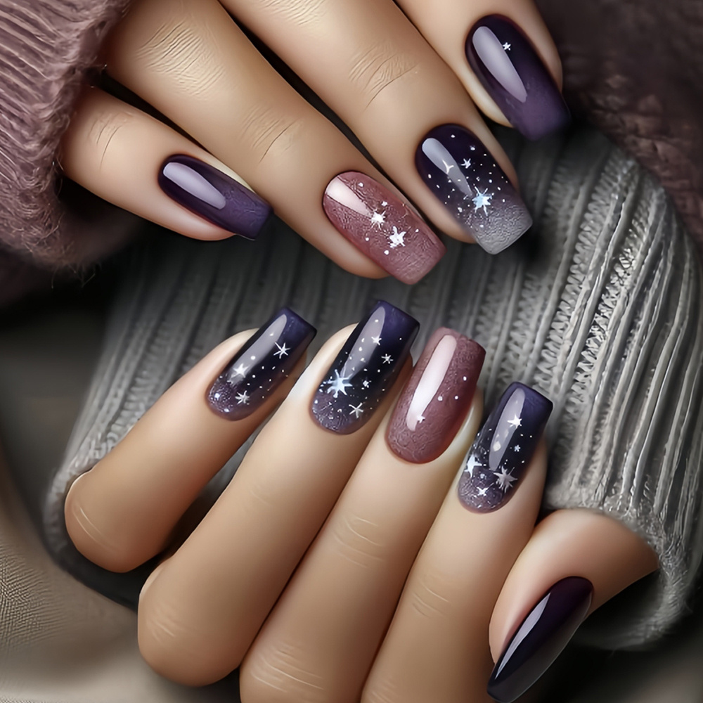 

Middle East Ramadan Festival 24pcs Chinese Nail Silvery Wear Nail Purple Gradient Premium Wear Nail Is Suitable For Women To Press Nails For And Dating, Send Jelly Glue And Files