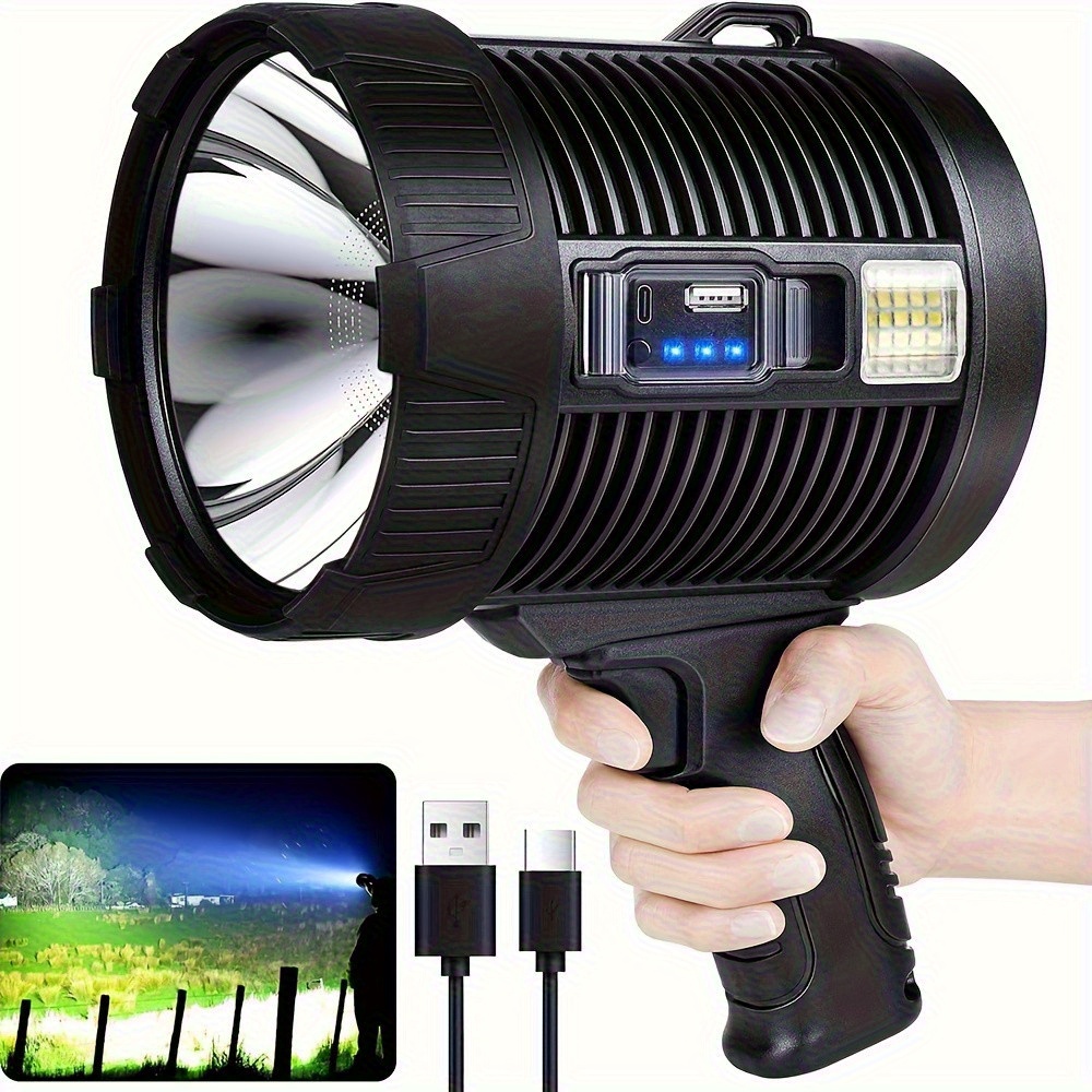 TEMU Rechargeable Handheld Spotlight With Led, Featuring A Usb Charging Option And 6 Different