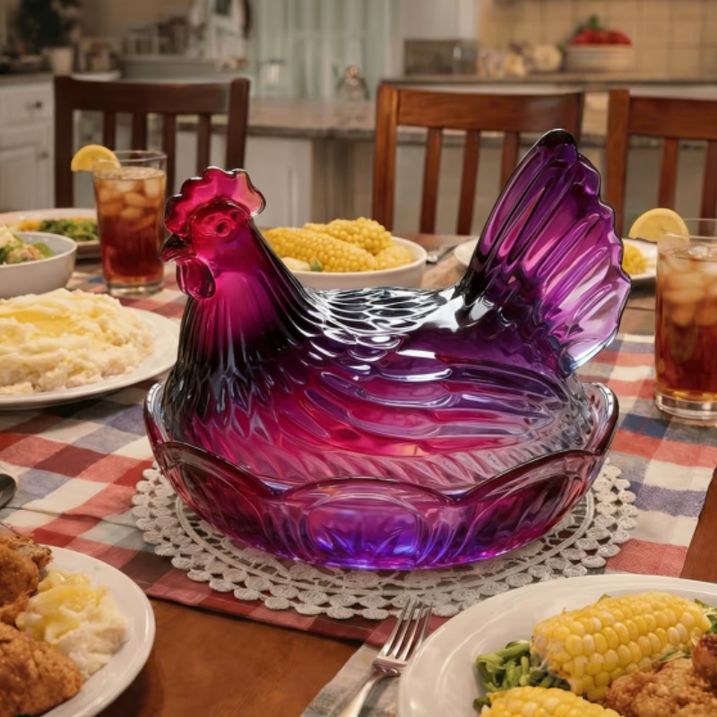TEMU 2pcs Retro Fashion New Hen Shaped Glass Candy Tray Set With Heat Proof Plate Pad - 1 Covered Storage Jar + 1 Heat Proof Plate Pad, Suitable For