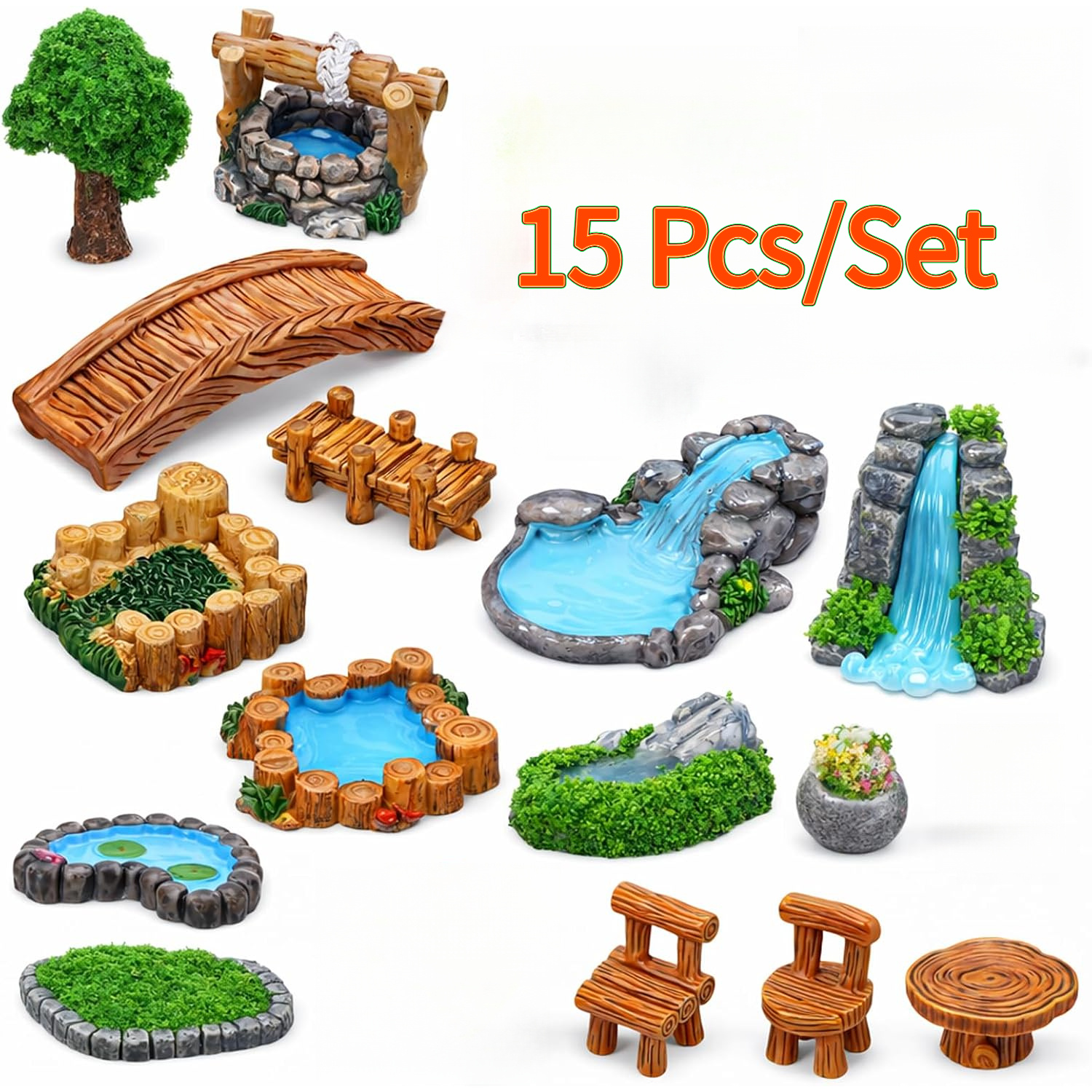TEMU 15pcs Fairy Garden Additions Outdoor Kit, Mini Pond And Bridge Fairy Garden Additions, Miniature Figurines, Mini Resin Animals Set, Miniature