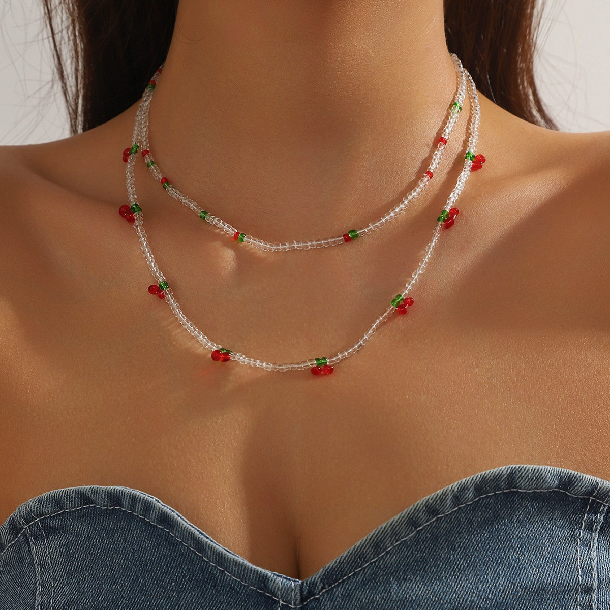 2pcs Women's Cherry Fruit Bead Necklace Set Bohemian Gothic Style