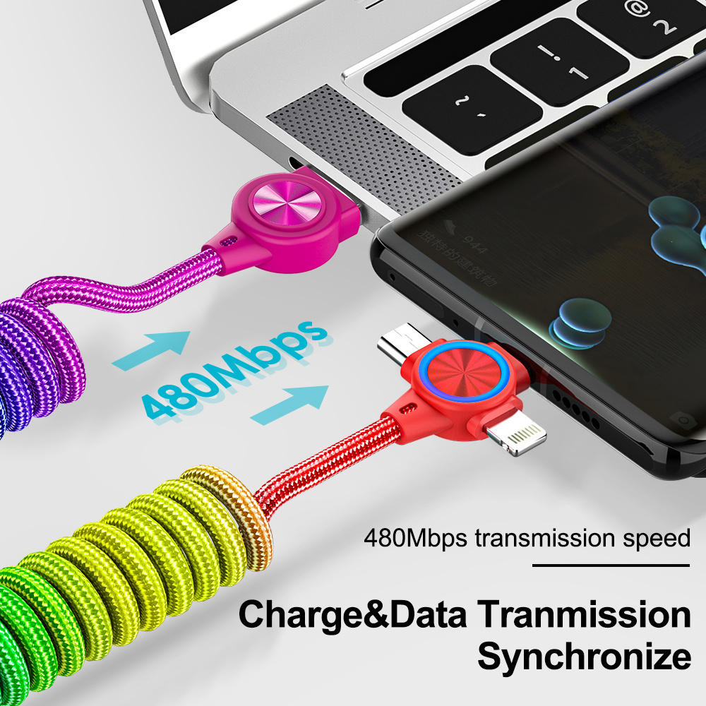 3-in-1 Frühlings 3A Schnellladekabel für iPhone Micro Typ C Ladekabel für Xiaomi Samsung Rückziehbares USB Datenkabel