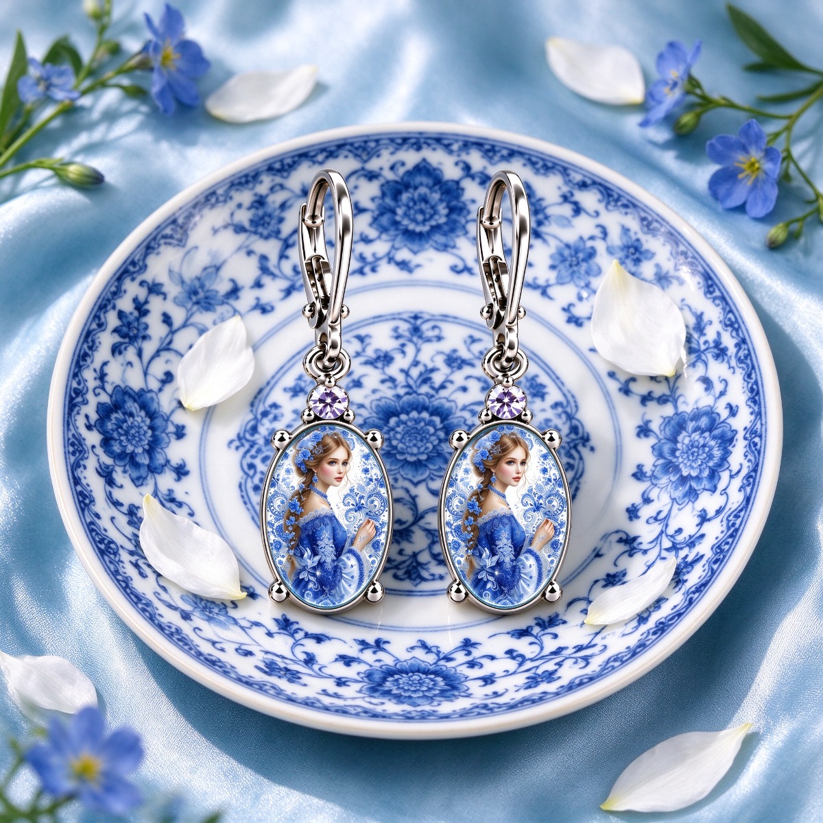 Women's Blue & White Portrait Pattern Hanging Earrings, Floral