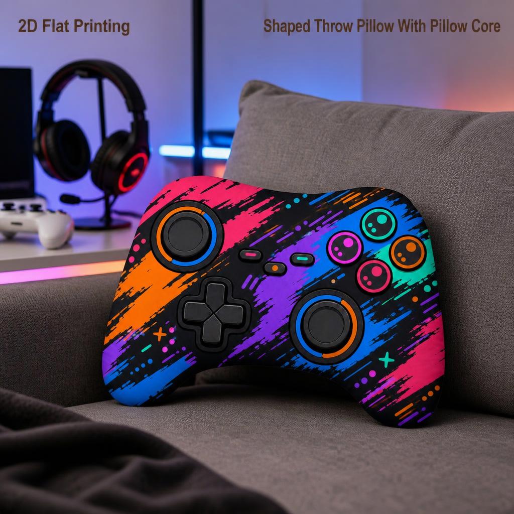 TEMU Neon Gaming Controller Shaped Throw Pillow Arcade Style For Gamer Room Sofa Decor All Season 2d Flat Printing Shaped Stuffed Throw Pillow