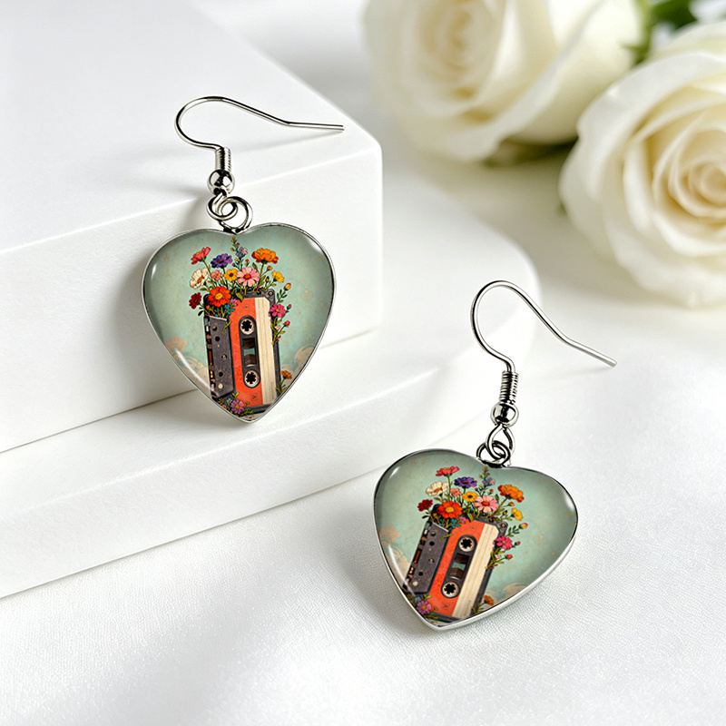 1 Pair Cassette Tape Blooms with Wildflowers Dangle Earrings