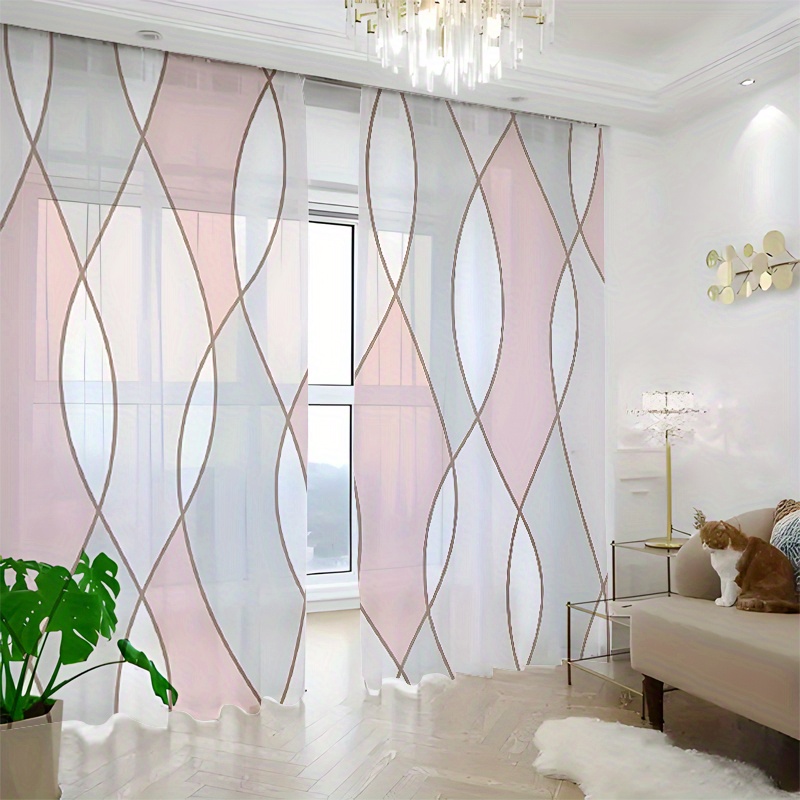 TEMU 2-pack Of Pink, White, And Gray Geometric Patterned Semi-transparent Tulle Curtains With Rod , Perfect For Holiday Decorations, Living Room And