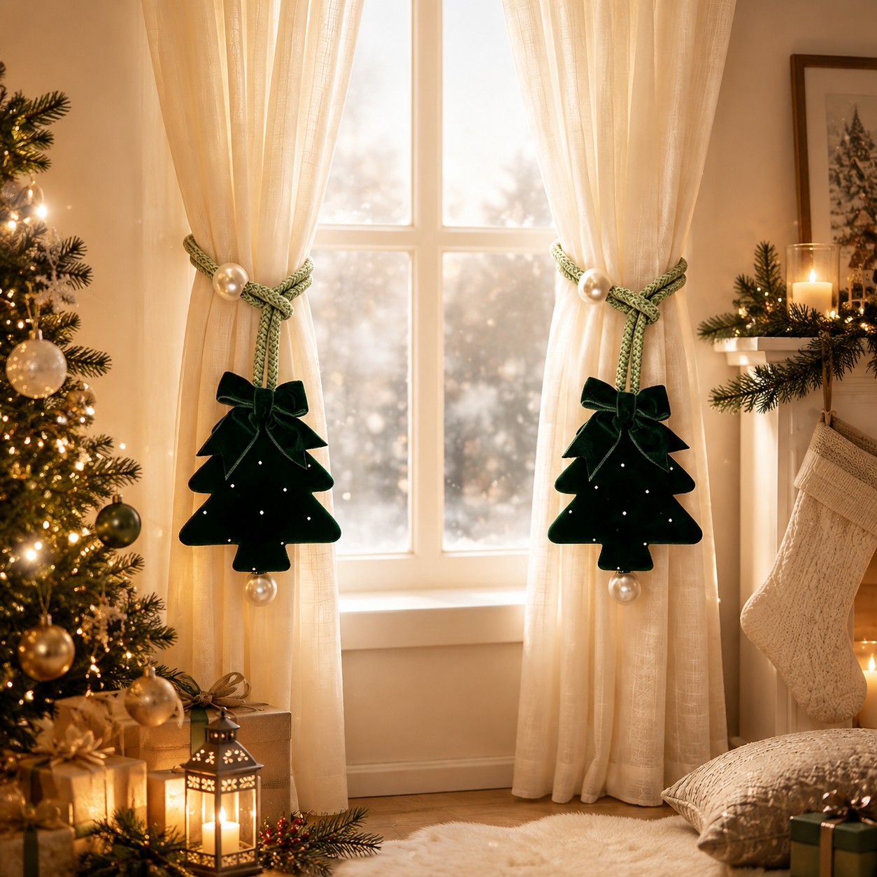 TEMU Juego de 2 sujetadores de cortina de terciopelo con árbol de Navidad, soportes de cortina de cuerda trenzada con perlas, decorativos para