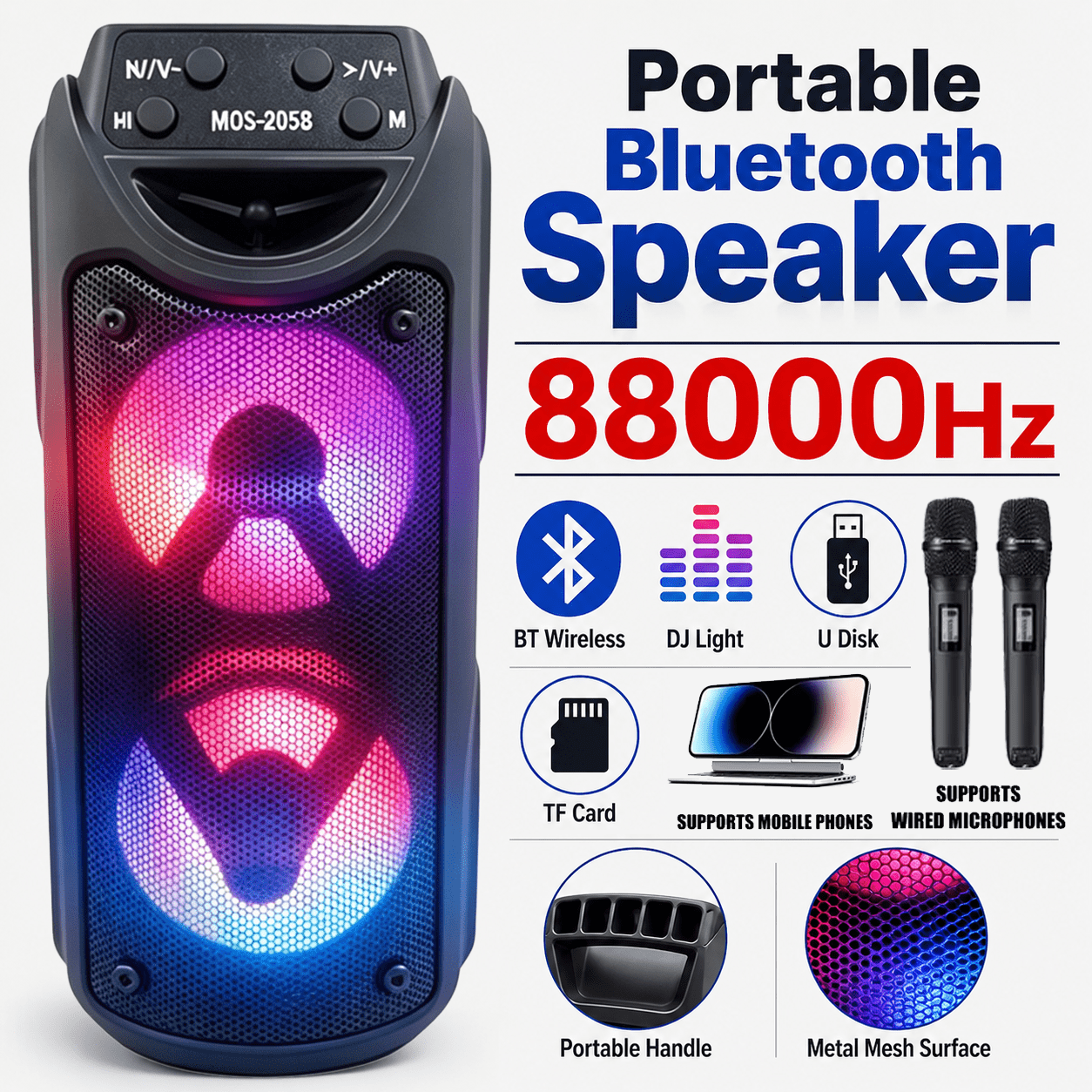 88000hz Portable Wireless Bluetooth Speaker, Fast Pairing Bluetooth 6.0 Speaker, Strong Output, Stylish Led Light Show, Tws, Fm, Tf, Usb For Picnic Trips And Holiday Presents For