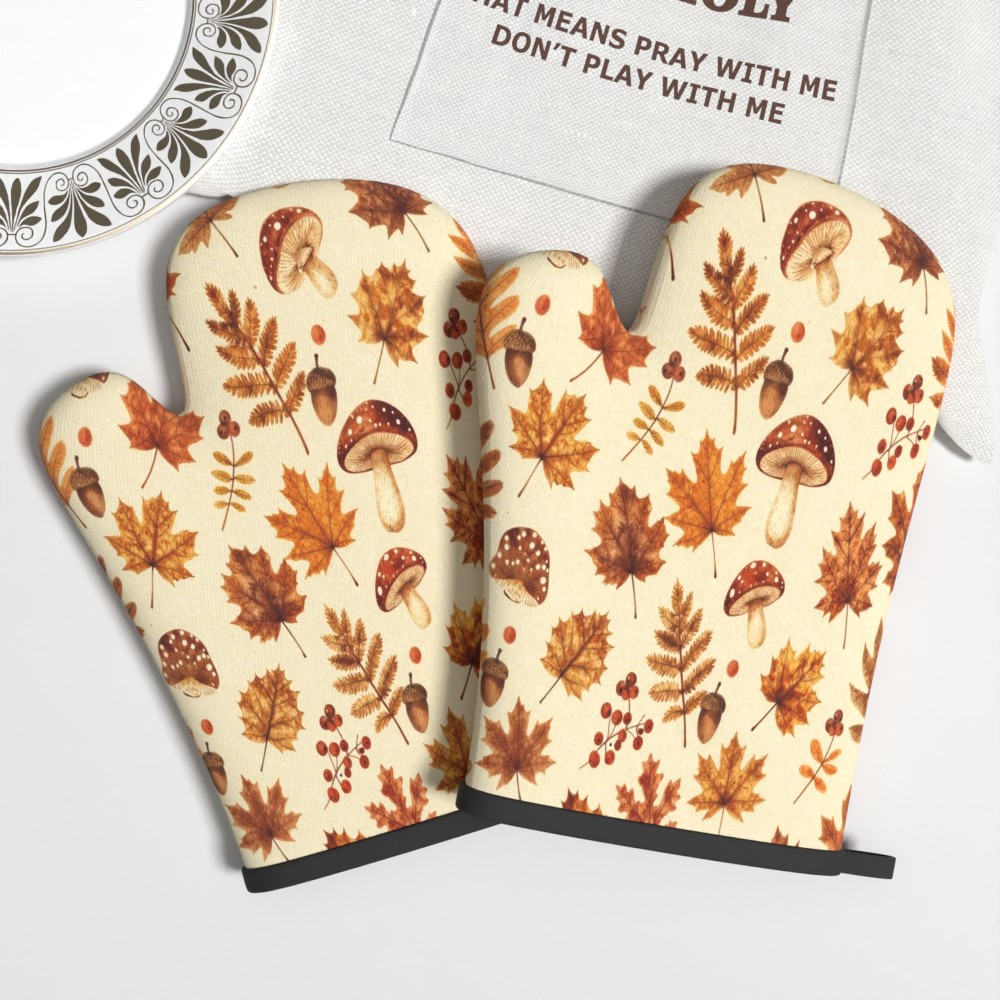 TEMU 2-pack 10..7-inch Autumn Thanksgiving Maple Leaf Oven Mitts, Heat Insulation And Anti-slip, Suitable For Decor Picnic Cooking Baking Family