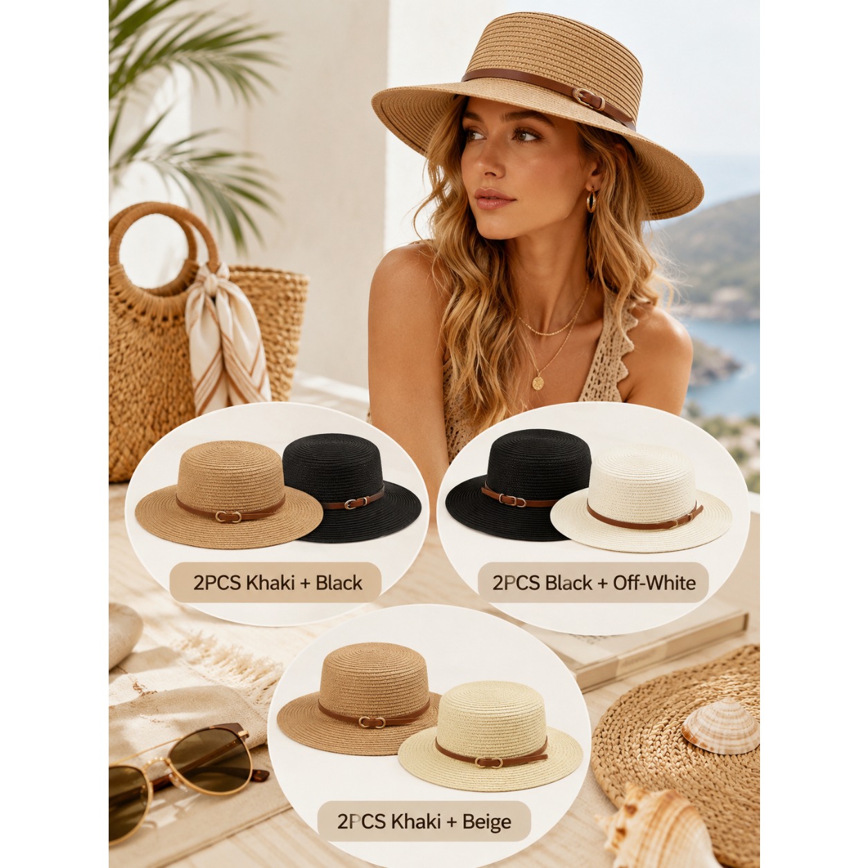 2pcs Women's Sun Hats, Wide Brim Straw Beach Hat Set, Lightweight Breathable Summer Hats for Women, Stylish Accessories for Outdoor Travel, Beach Vacation, Pool, Garden, Picnic, Cruise, Resort, Summer Outfits and Daily Casual Wear