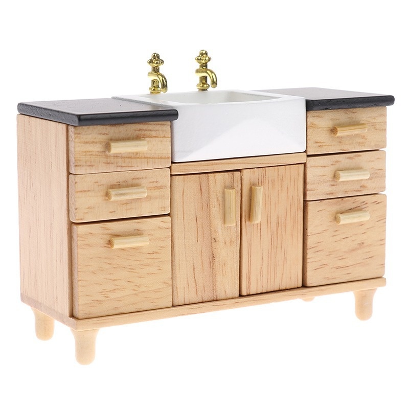 1/12 Scale Miniature Wood & Ceramic Dollhouse Sink Cabinet With Suitable For Dollhouse Bathroom/kitchen Decoration, Realistic Tiny Sink Basin Furniture For Dolls, Rooms, Tiny - Wood
