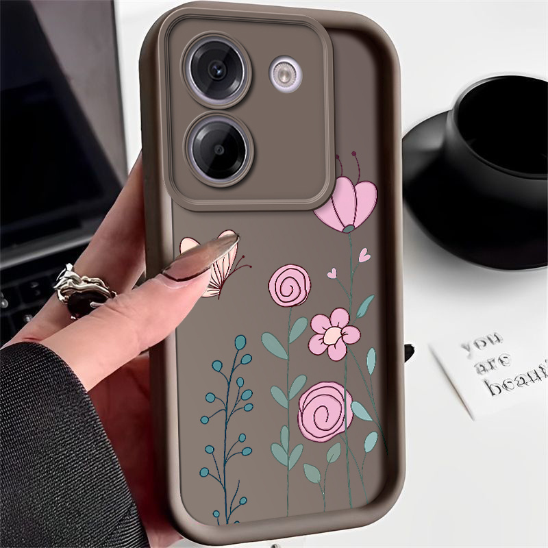 etui na telefon - kompatybilne z xiaomi poco m7 4g, m7 pro 5g, miękkie etui w minimalistycznym  , ręcznie rysowane różowe kwiaty i wzór motyla, odporna na wstrząsy konstrukcja, ochrona obiektywu, unisex
