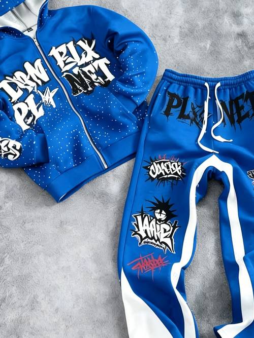 2026 trend mens plus size casual sports set street style graffiti graphic zip up hoodie sweatpants outfit for adult men casual wear holiday gift party outfit sportswear