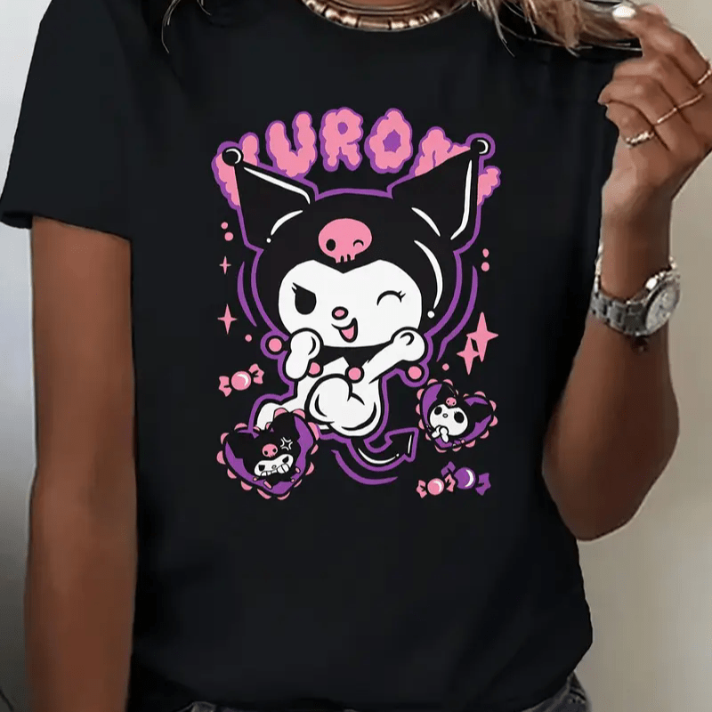 

T-shirt Sanrio Kuromi pour Femme - Haut Noir à Col Rond et Manches Courtes, Mélange de Polyester Extensible et , Lavable en Machine, Idéal pour & l'Été