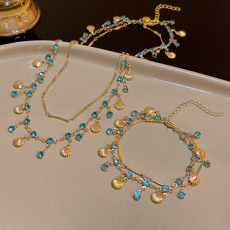 TEMU 2pcs Vintage Elegant Beach Style Artificial Seashell Pendant Necklace And Bracelet Set, Women's Trendy Neck Accessory, Suitable For Summer And