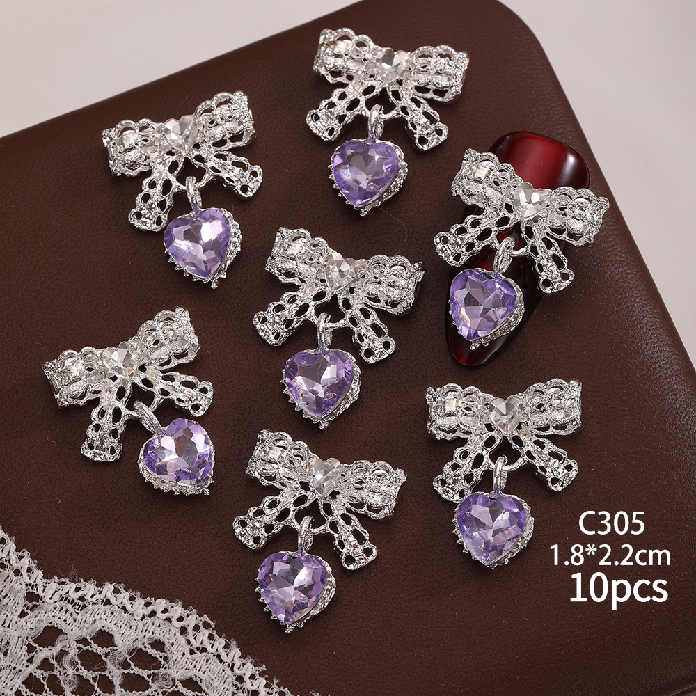 TEMU 10pcs Set Of 3d Silvery Bows With Heart Pendant Rhinestone Jewelry, Luxurious Shiny Lace Bow Nail Art Decorations, Suitable For Professional Diy