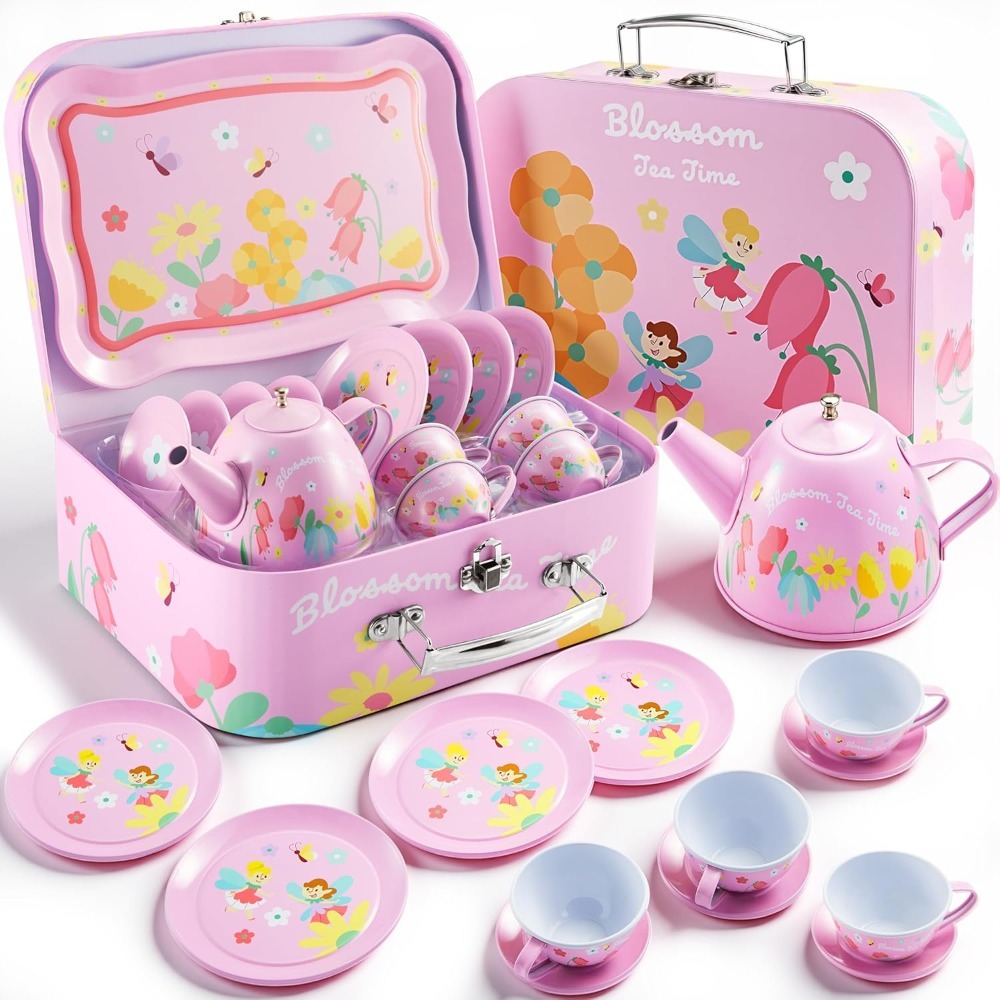 TEMU Fairy Pink Tin Tea Party Set For Little Girls, Princess Pretend Play Tea Set With Teapot Cup Plate Carrying Case, Kids Play Kitchen Toy Gift 3 4