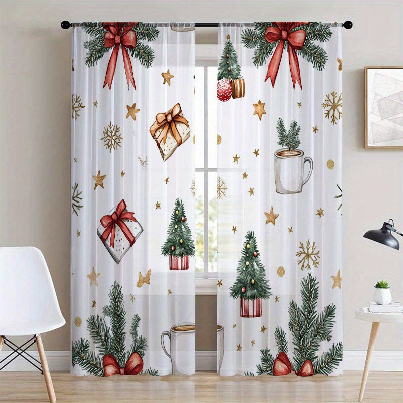 TEMU 2pcs Christmas Window Curtains - Red & Golden Holiday Decorations With Pine Branches, Presents, Mug - Semi- Filtering Window Treatments For