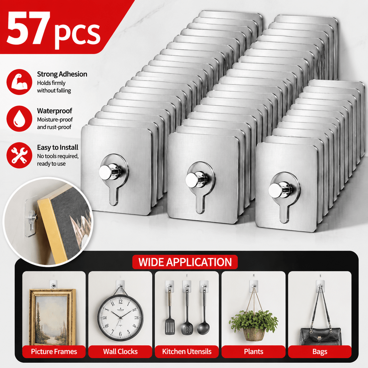 TEMU Strong Adhesive Wall Hooks 57pcs Modern Waterproof Damage-free Suitable For Hanging Pictures, Frames, Posters, Clocks Multi-functional Use For
