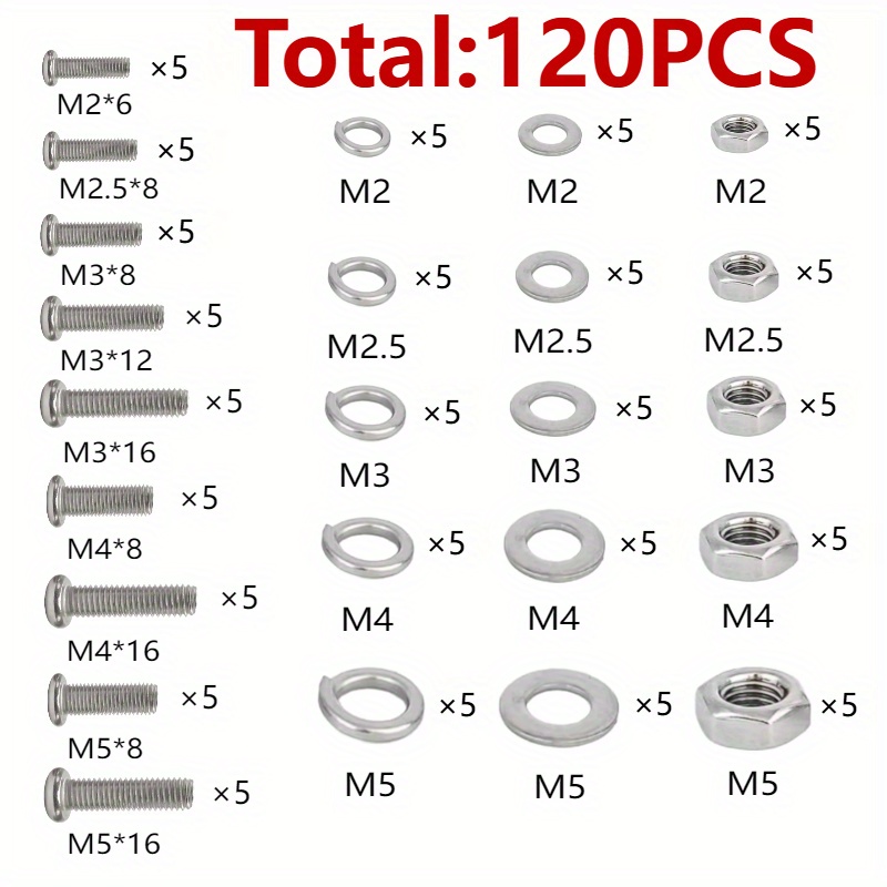 120pcs Hex Nut And Assortment Set - M2 M2.5 M3 M4 M5 Metric Screw And Nut Kit