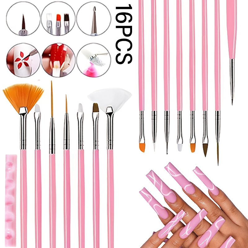TEMU 16pcs Nail Brush Set, 16pcs Brushes/pack. Includes Nail Design Fan Brushes And Line Brushes. Pink Nail Brush Set