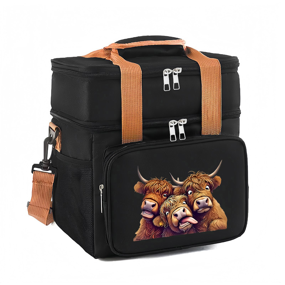 TEMU 1pc 3 Highland Cows With Lunch Tote Bag - Large Capacity Bag With Oxford Fabric, Portable For Commute, Camping, Picnics Non Food Contact,
