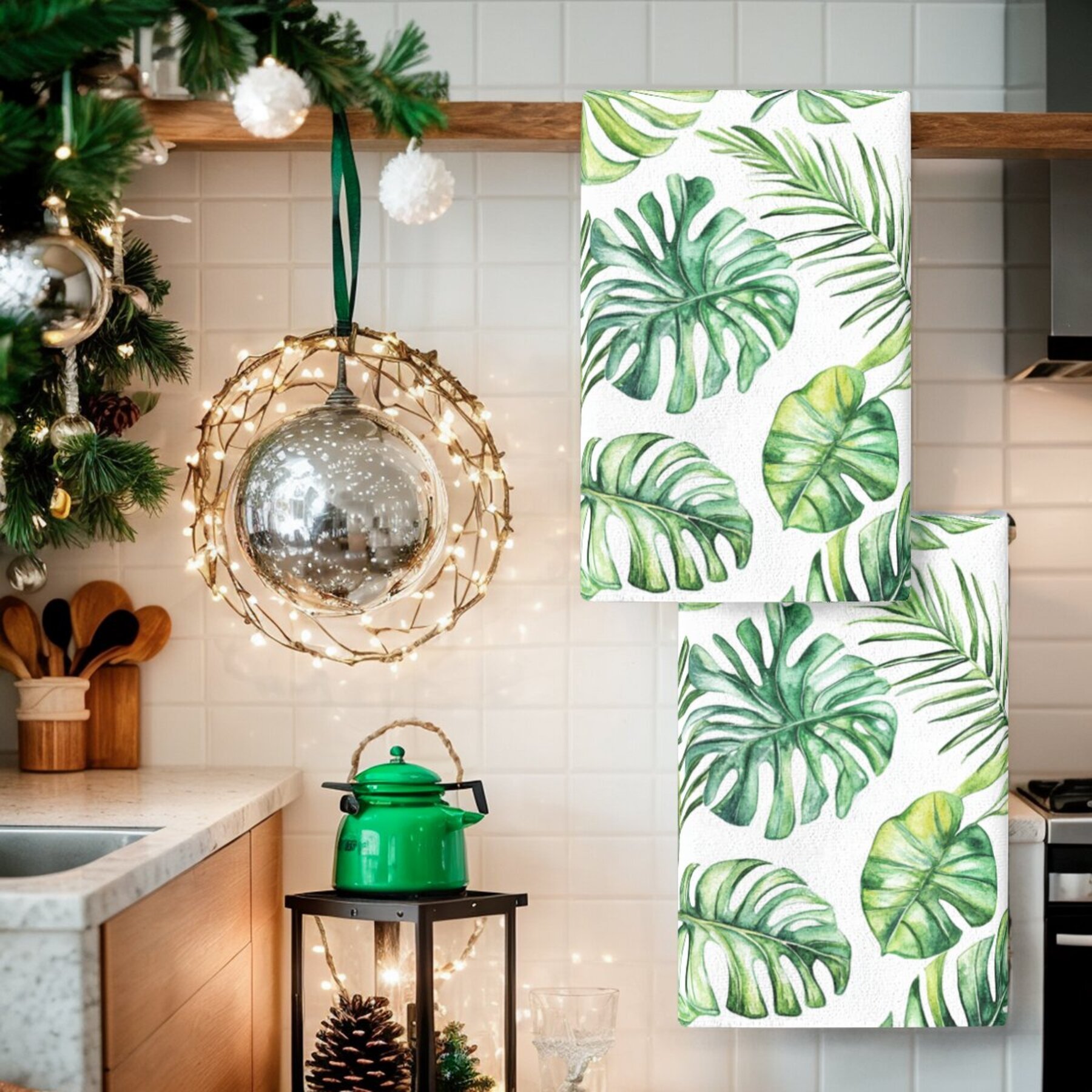 2pcs cleaning cloths, dish towels featuring tropical plants, palm leaves, and monstera patterns, suitable for kitchen decor, holiday decorations, table settings, kitchen supplies, home decor, and as gifts for   or bathrooms. details 1