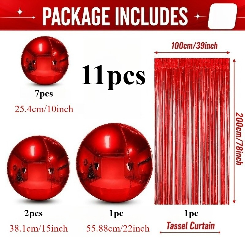 TEMU 11pcs Red 4d Foil Party Balloon Set With Rain String. Photography Prop Set, Reusable Disco Balloons, Suitable For Christmas And Winter