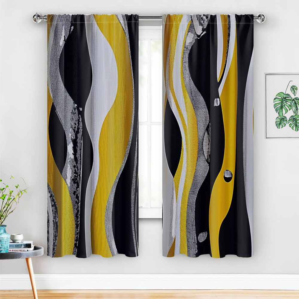 

2pcs Living Room Curtains Set - Geometric In Yellow, Grey, Black With Retro & Swirl Lines, 30%-50% Blackout, Sizes: 21.65x59, 41.34x82.68, 44.5x90.55 Inches